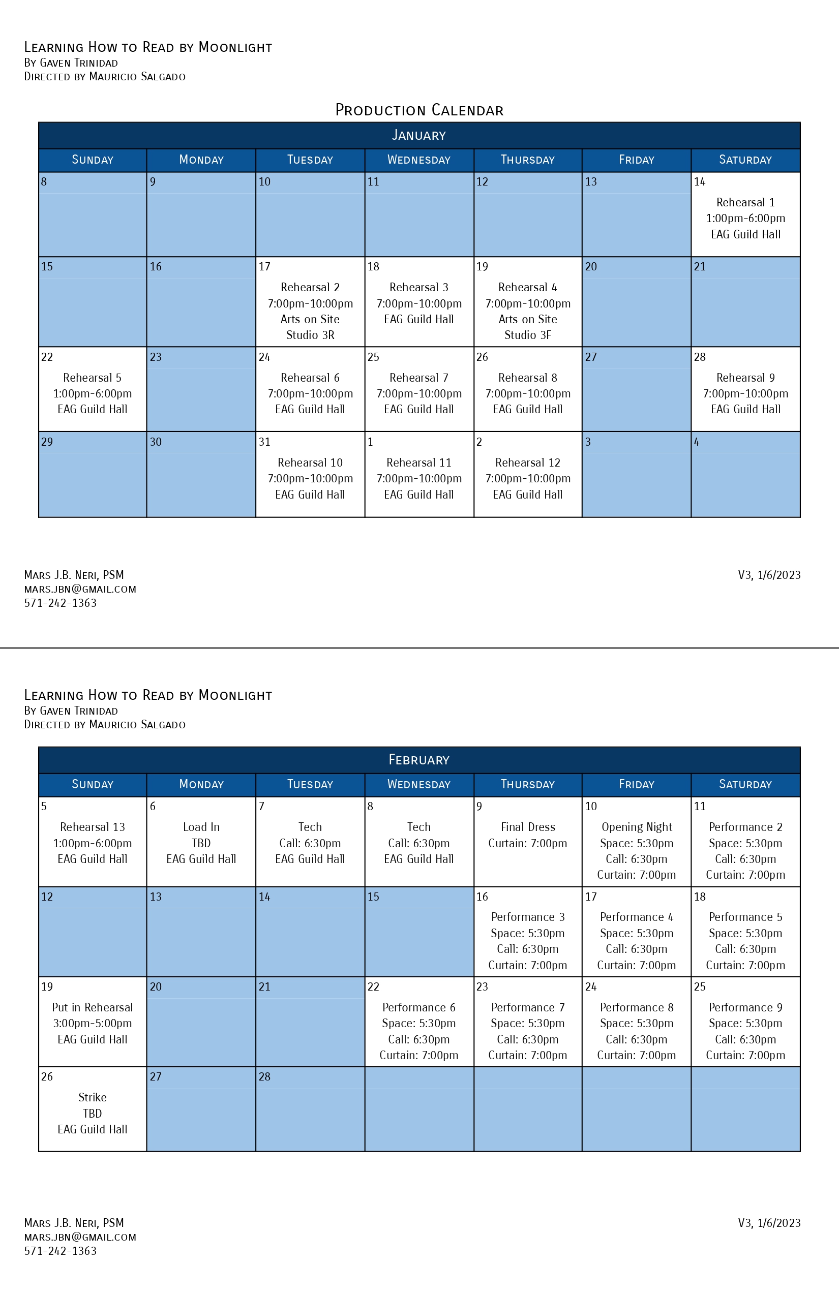 Moonlight Production Calendar